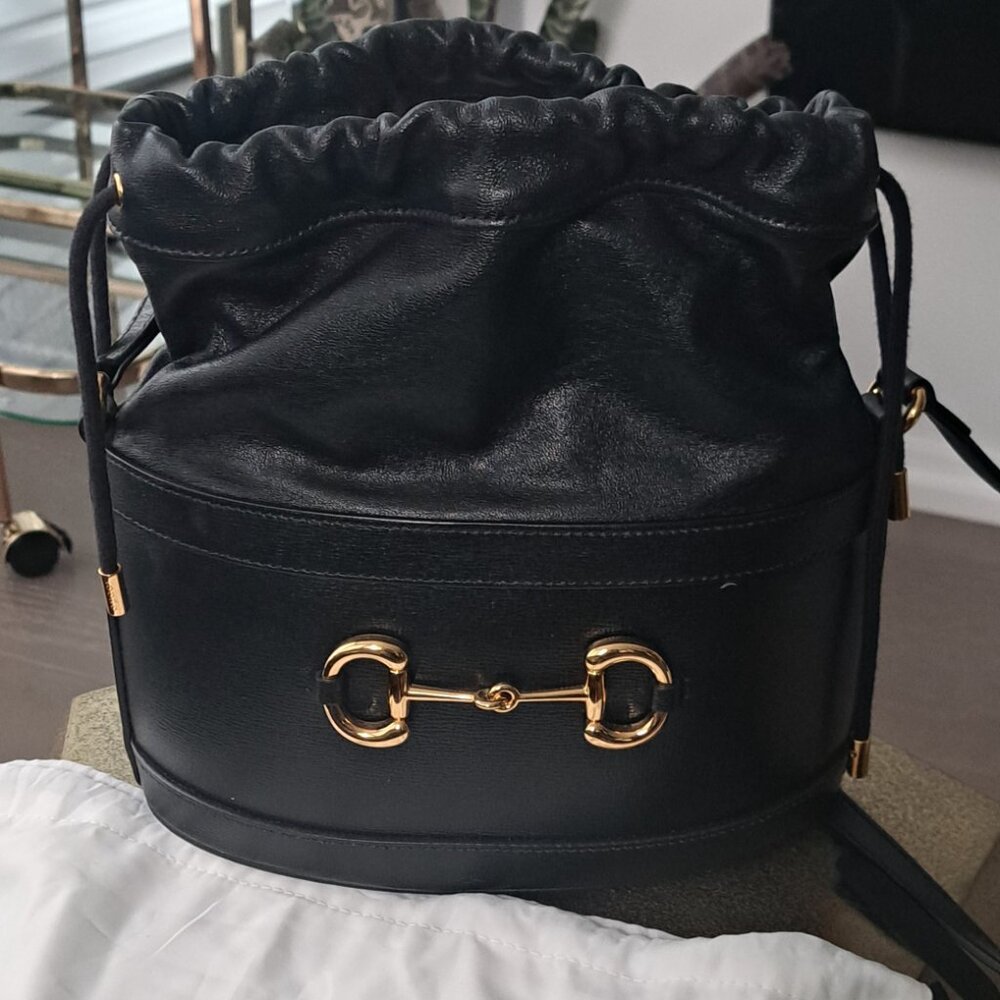 Gucci Black Beige Calfskin Horsebit 1955 Drawstring Bucket Bag - Picture 5 of 5